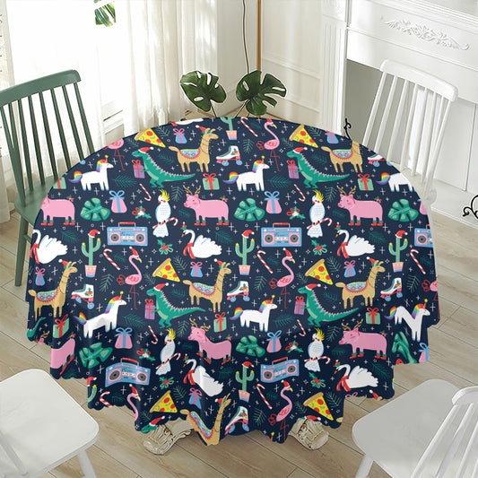 Funny Christmas Animals Pattern Print Waterproof Round Tablecloth
