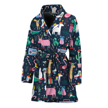 Funny Christmas Animals Pattern Print Women's Bathrobe