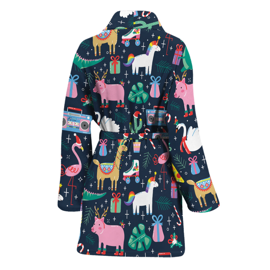 Funny Christmas Animals Pattern Print Women's Bathrobe