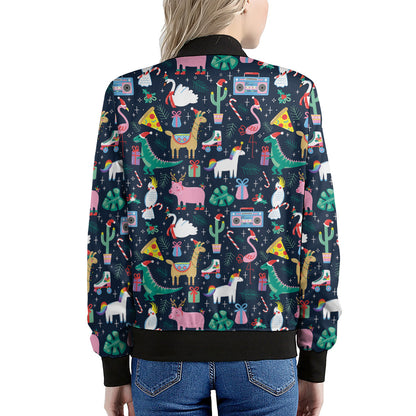 Funny Christmas Animals Pattern Print Women's Bomber Jacket