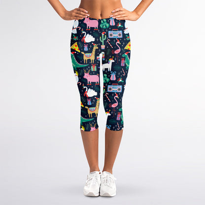 Funny Christmas Animals Pattern Print Women's Capri Leggings
