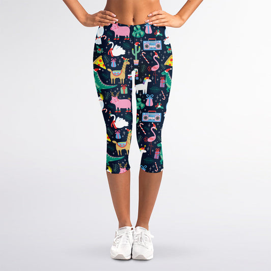 Funny Christmas Animals Pattern Print Women's Capri Leggings