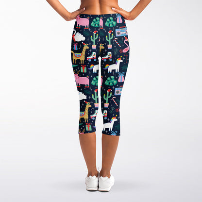 Funny Christmas Animals Pattern Print Women's Capri Leggings