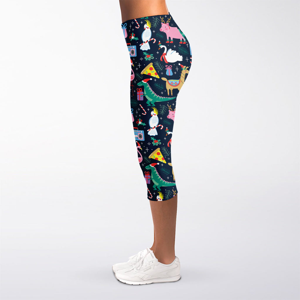 Funny Christmas Animals Pattern Print Women's Capri Leggings