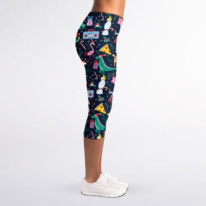 Funny Christmas Animals Pattern Print Women's Capri Leggings