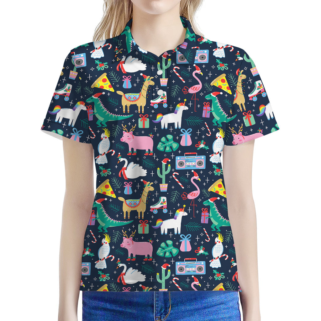 Funny Christmas Animals Pattern Print Women's Polo Shirt