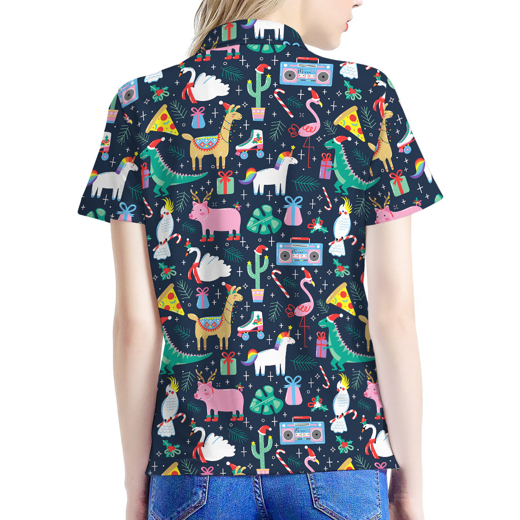 Funny Christmas Animals Pattern Print Women's Polo Shirt