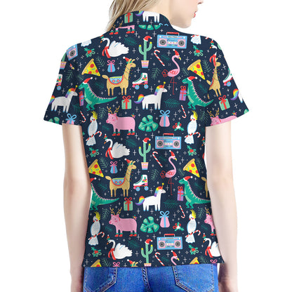 Funny Christmas Animals Pattern Print Women's Polo Shirt