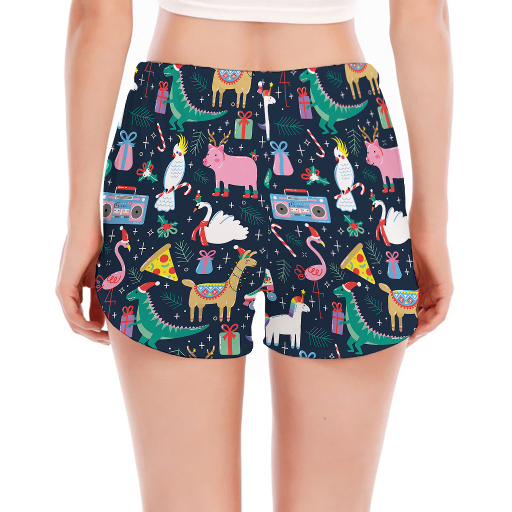Funny Christmas Animals Pattern Print Women's Split Running Shorts