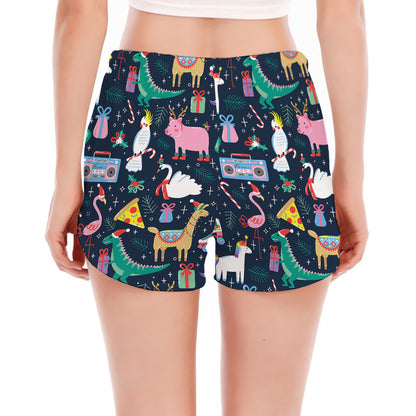 Funny Christmas Animals Pattern Print Women's Split Running Shorts