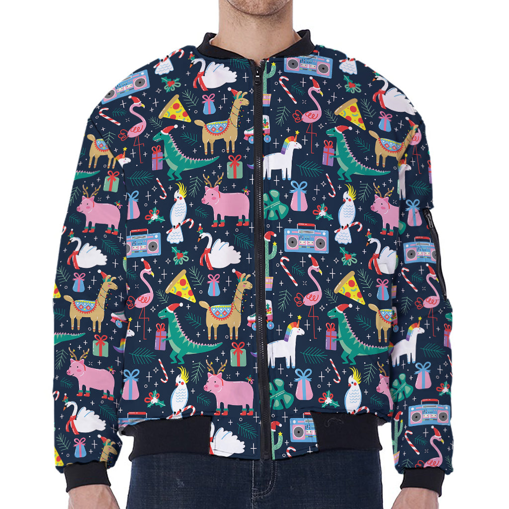 Funny Christmas Animals Pattern Print Zip Sleeve Bomber Jacket