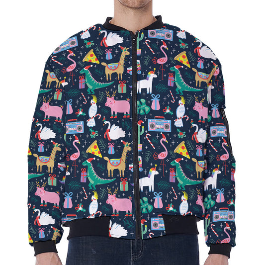 Funny Christmas Animals Pattern Print Zip Sleeve Bomber Jacket