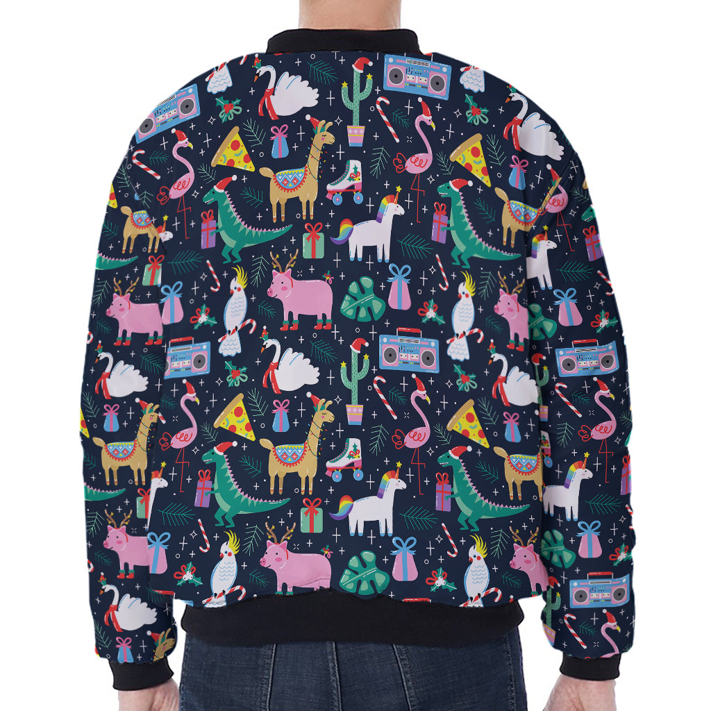 Funny Christmas Animals Pattern Print Zip Sleeve Bomber Jacket
