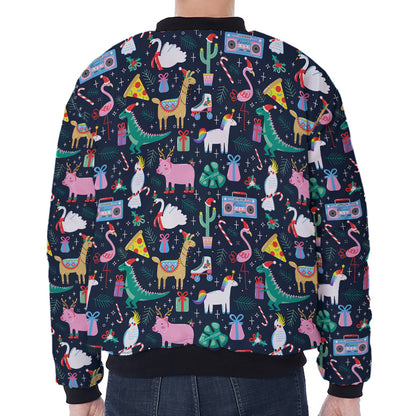 Funny Christmas Animals Pattern Print Zip Sleeve Bomber Jacket