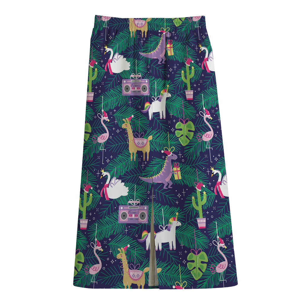 Funny Christmas Decoration Pattern Print Cotton Front Slit Maxi Skirt