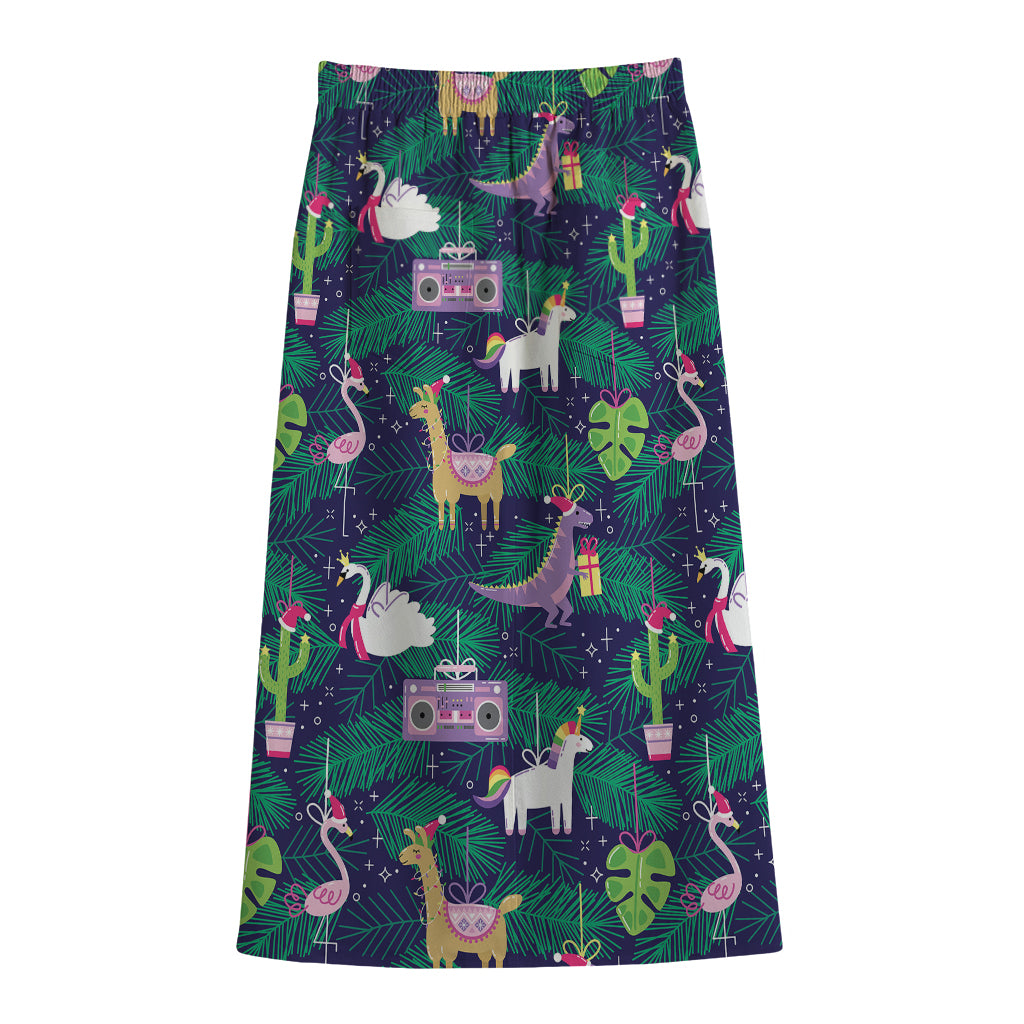 Funny Christmas Decoration Pattern Print Cotton Front Slit Maxi Skirt