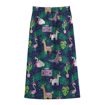 Funny Christmas Decoration Pattern Print Cotton Front Slit Maxi Skirt