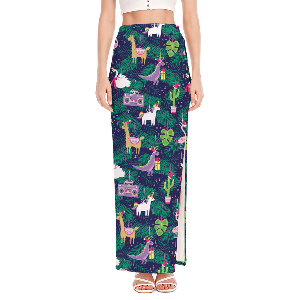 Funny Christmas Decoration Pattern Print High Slit Maxi Skirt