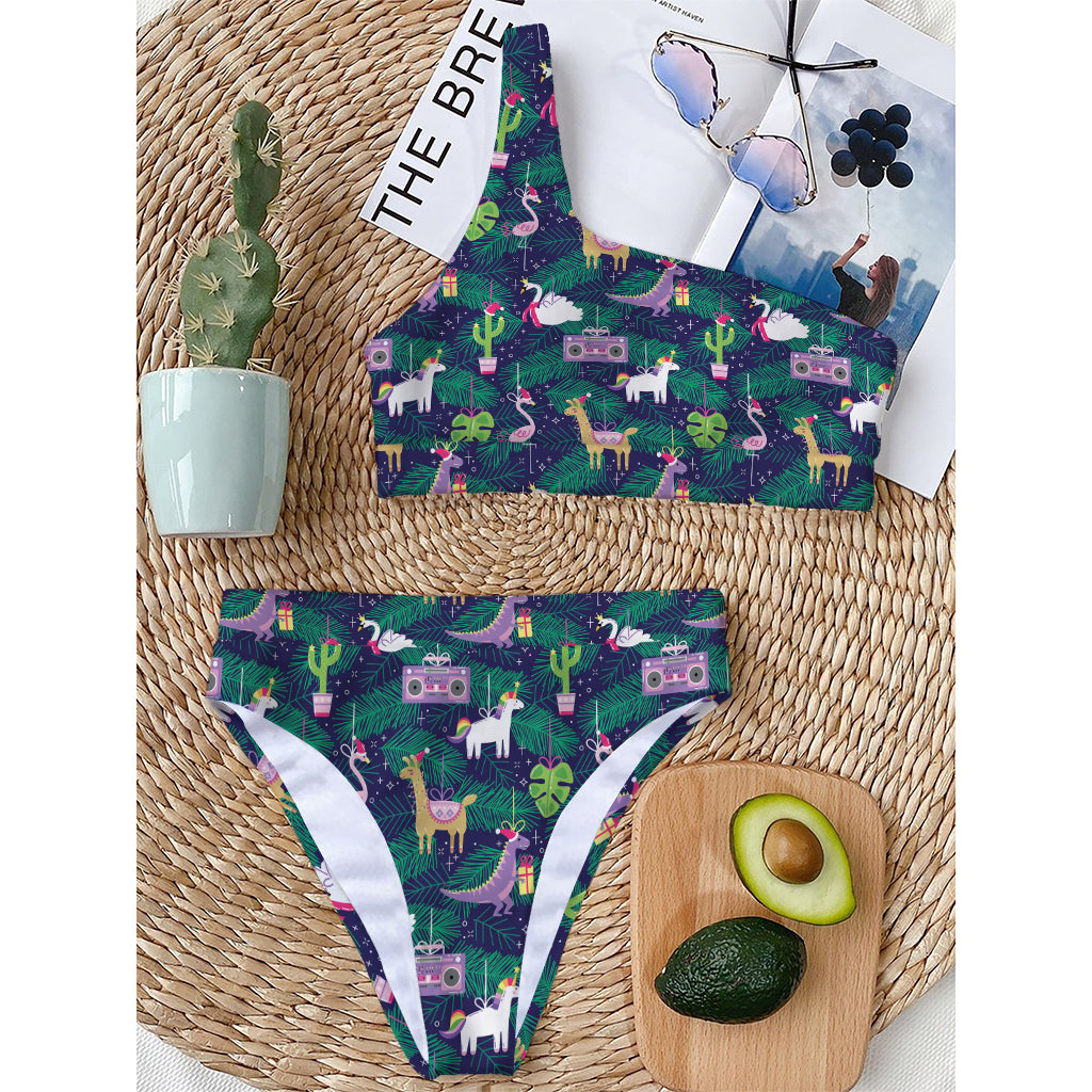 Funny Christmas Decoration Pattern Print One Shoulder Bikini Top