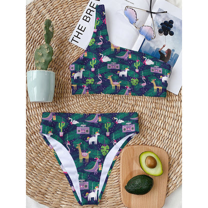 Funny Christmas Decoration Pattern Print One Shoulder Bikini Top