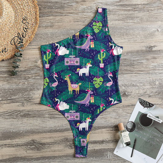 Funny Christmas Decoration Pattern Print One Shoulder Bodysuit