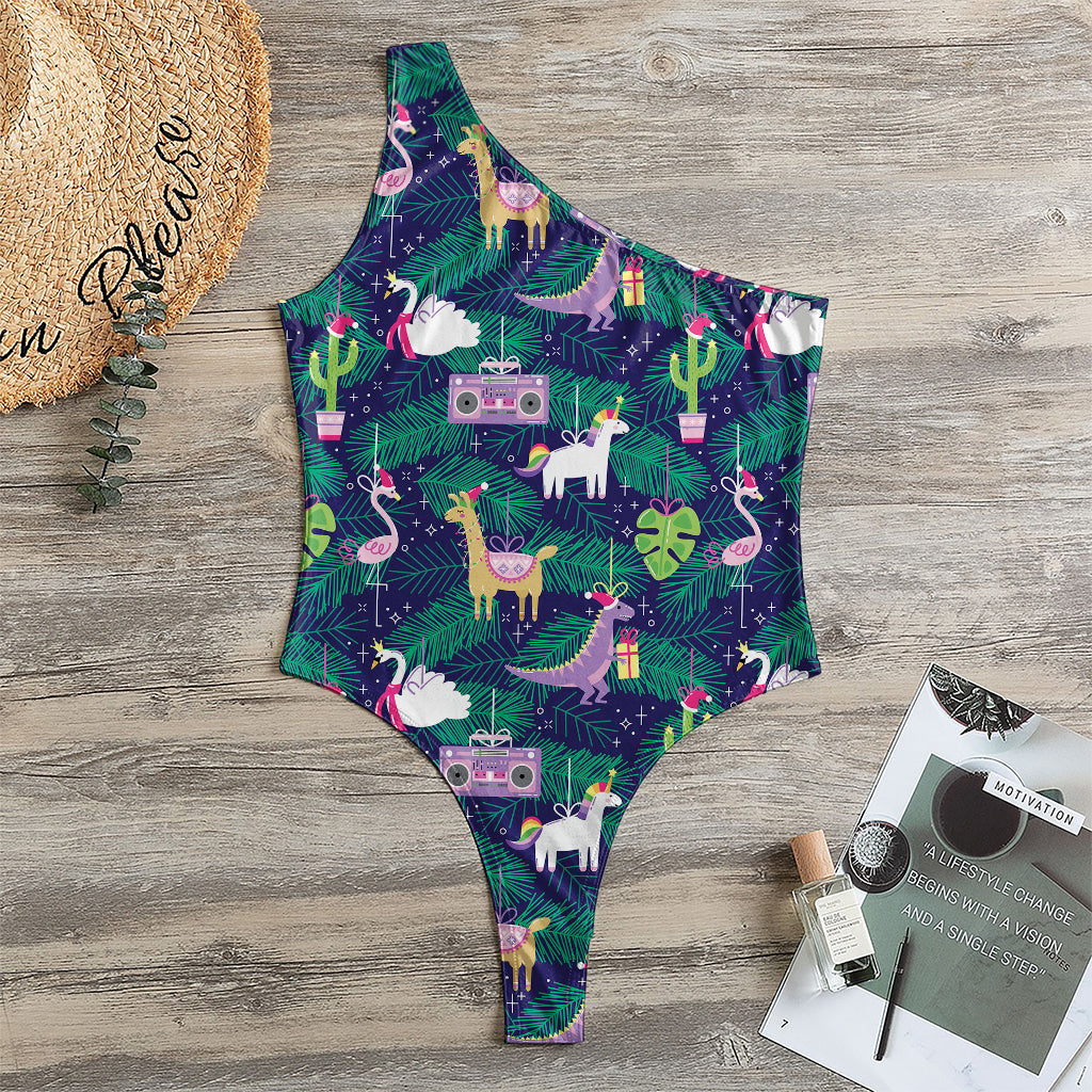 Funny Christmas Decoration Pattern Print One Shoulder Bodysuit