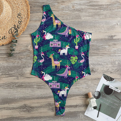 Funny Christmas Decoration Pattern Print One Shoulder Bodysuit