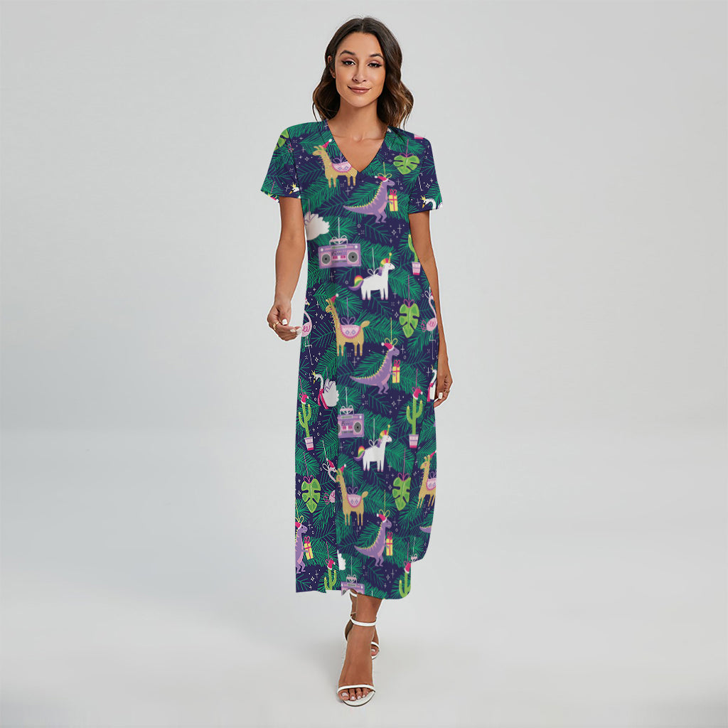 Funny Christmas Decoration Pattern Print Short Sleeve Maxi Dress