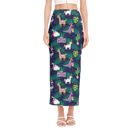 Funny Christmas Decoration Pattern Print Side Slit Maxi Skirt