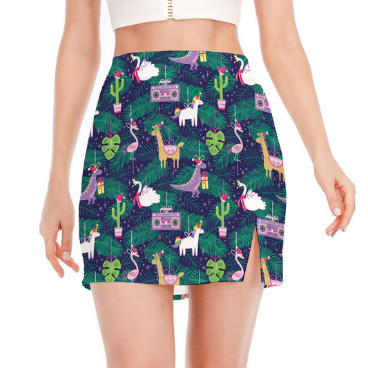 Funny Christmas Decoration Pattern Print Side Slit Mini Skirt