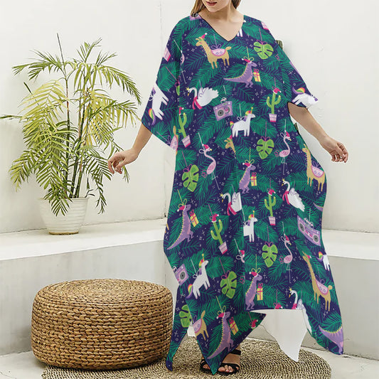 Funny Christmas Decoration Pattern Print Silk V-Neck Kaftan Dress