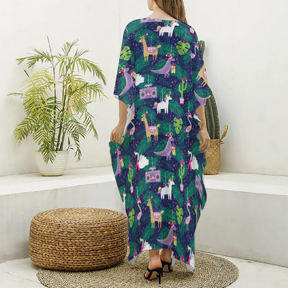 Funny Christmas Decoration Pattern Print Silk V-Neck Kaftan Dress