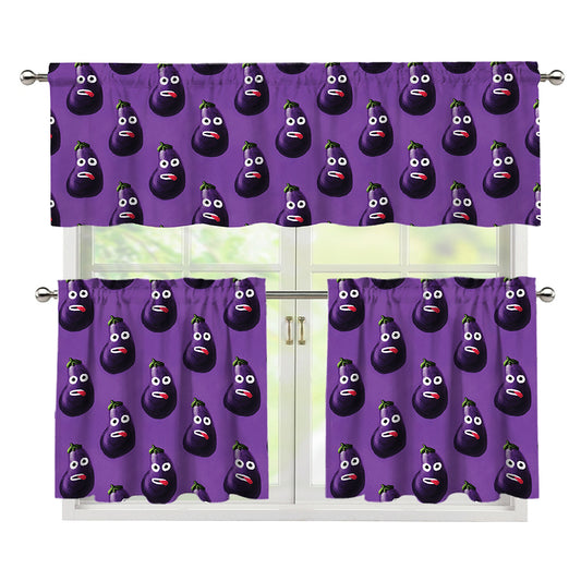 Funny Eggplant Pattern Print 3 Piece Kitchen Curtains