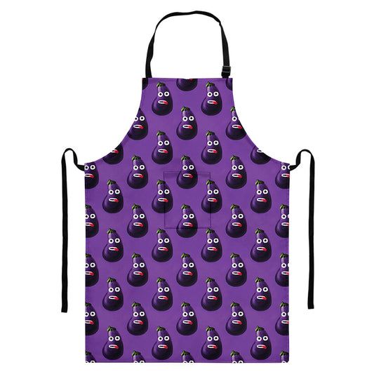 Funny Eggplant Pattern Print Bib Apron With Pocket