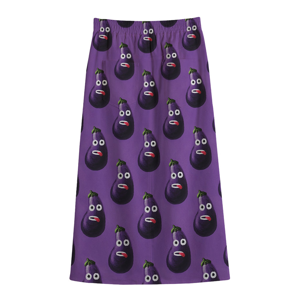 Funny Eggplant Pattern Print Cotton Front Slit Maxi Skirt