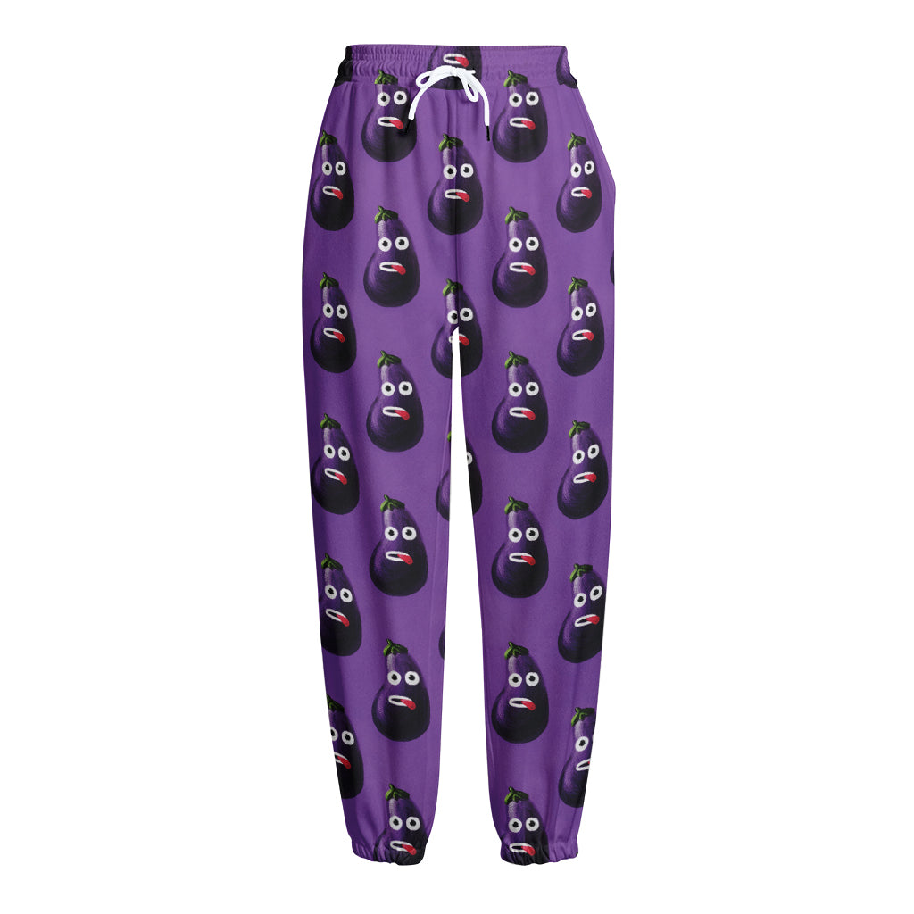 Funny Eggplant Pattern Print Fleece Lined Knit Pants