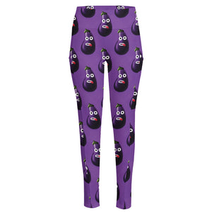 Funny Eggplant Pattern Print High-Waisted Pocket Leggings