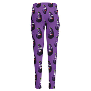 Funny Eggplant Pattern Print High-Waisted Pocket Leggings