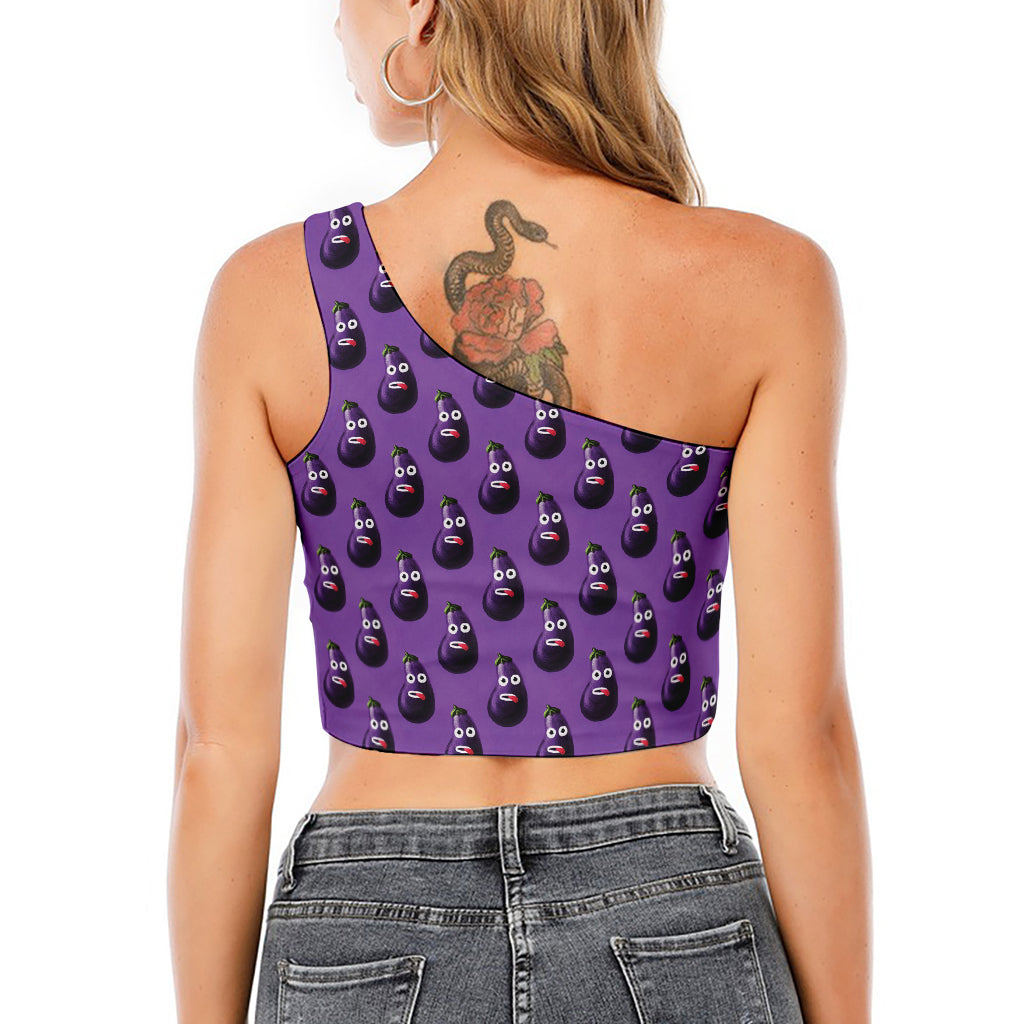 Funny Eggplant Pattern Print One Shoulder Crop Top