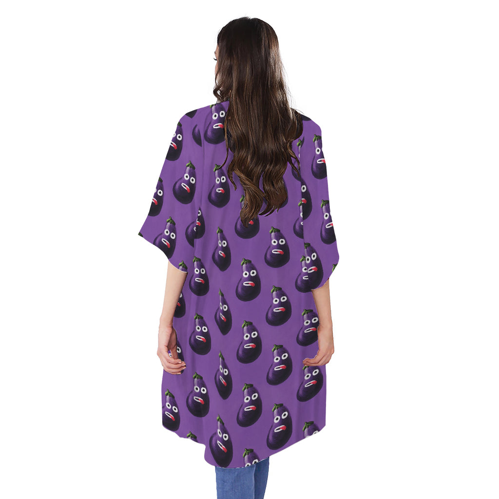 Funny Eggplant Pattern Print Open Front Beach Cover Up