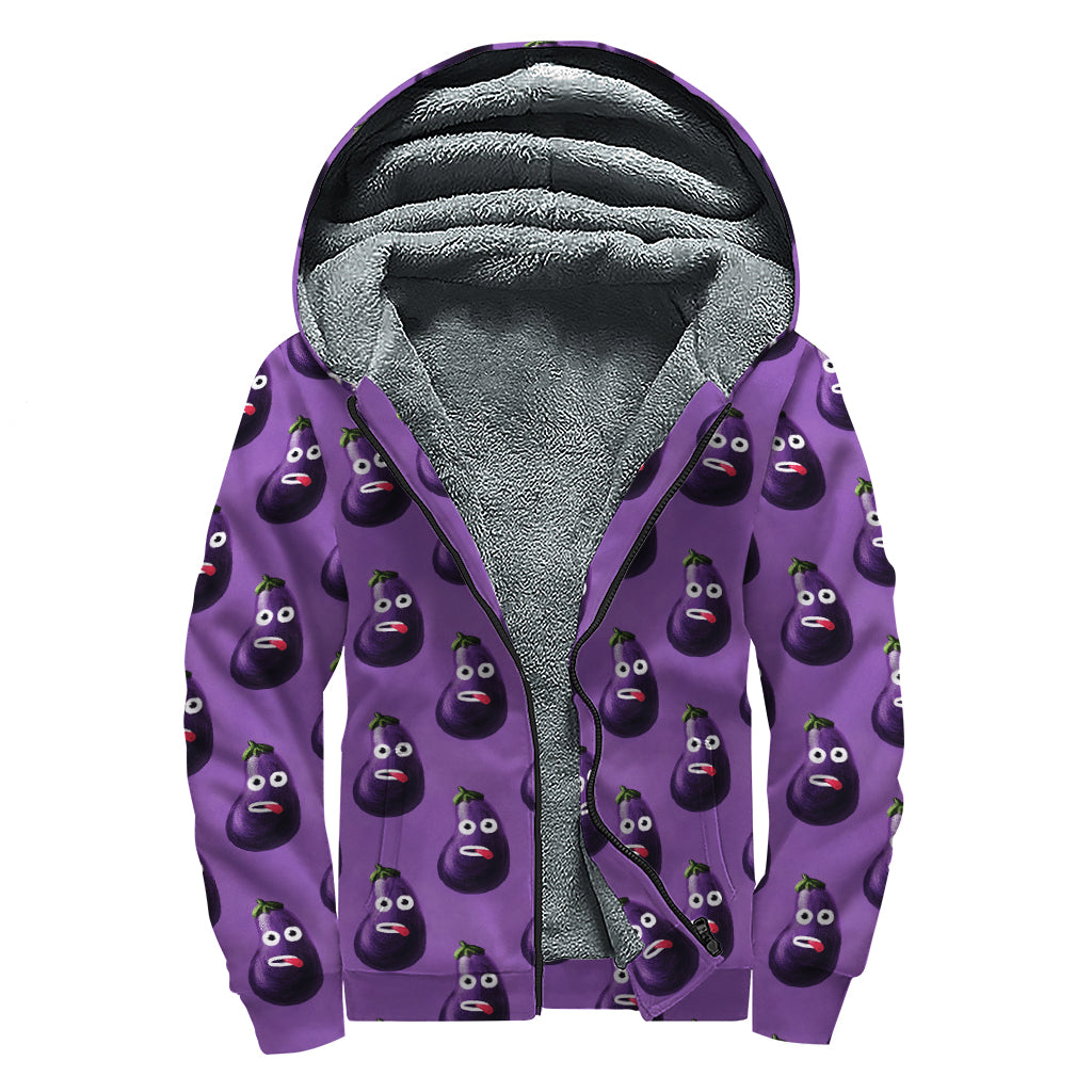 Funny Eggplant Pattern Print Sherpa Lined Zip Up Hoodie