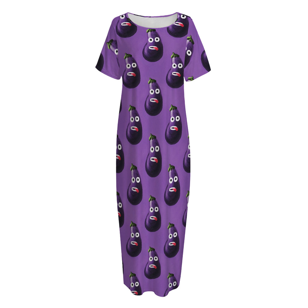 Funny Eggplant Pattern Print Short Sleeve Long Nightdress