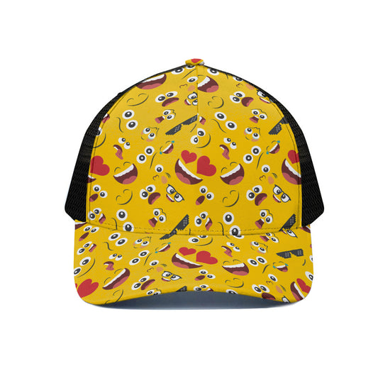 Funny Emoji Pattern Print Black Mesh Trucker Cap
