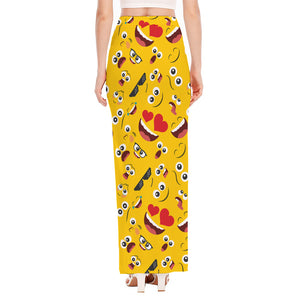 Funny Emoji Pattern Print High Slit Maxi Skirt