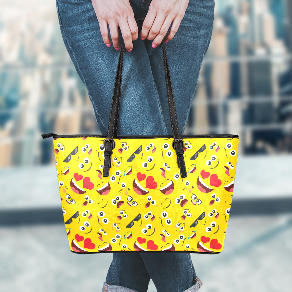 Funny Emoji Pattern Print Leather Tote Bag