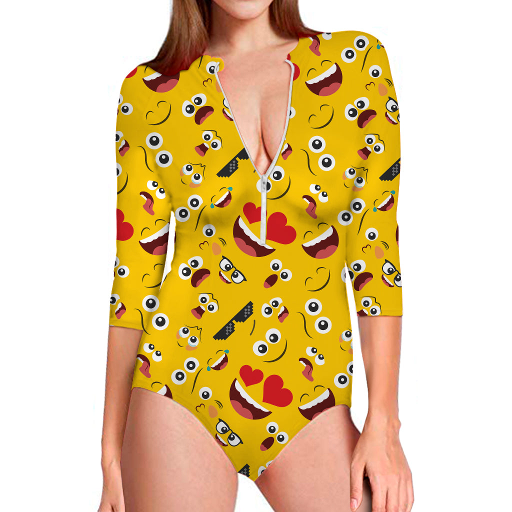 Funny Emoji Pattern Print Long Sleeve Swimsuit