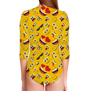 Funny Emoji Pattern Print Long Sleeve Swimsuit