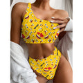 Funny Emoji Pattern Print One Shoulder Bikini Set