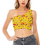 Funny Emoji Pattern Print One Shoulder Crop Top