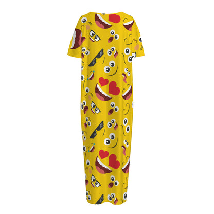 Funny Emoji Pattern Print Short Sleeve Long Nightdress